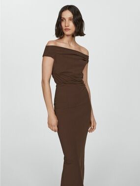 Off-Shoulder Brown Evening Dress